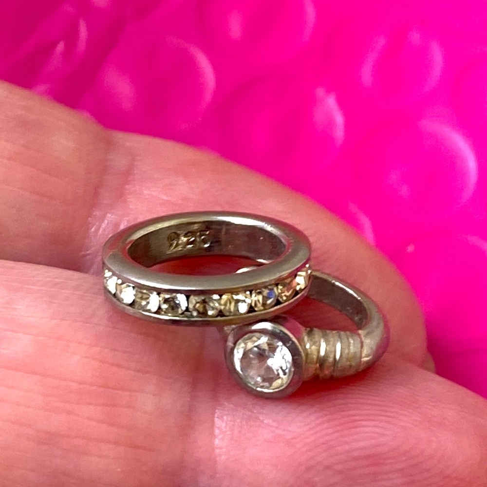 2 Tiny Sterling Silver Wedding Ring Clear Stones … - image 1